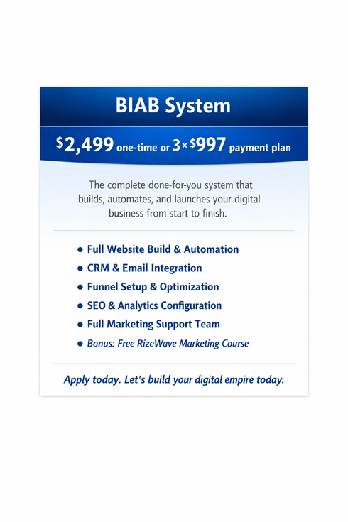 Blue BIAB System ad with pricing and service list for digital marketing setup and optimization.