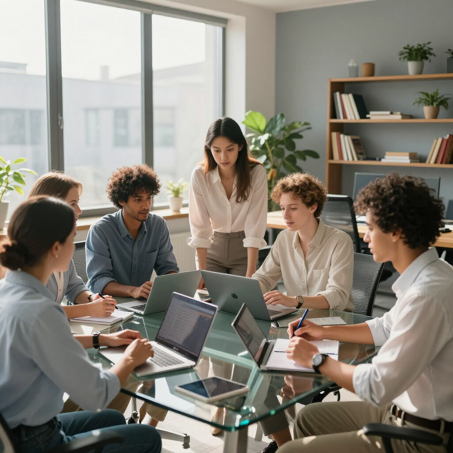 Team meeting around a glass table in a bright office, with laptops, notebooks, and a woman standing to lead the discussion