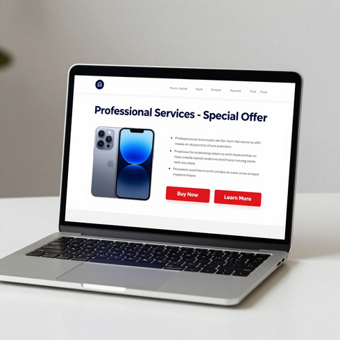 Laptop showing a “Professional Services - Special Offer” webpage with a smartphone and red call-to-action buttons