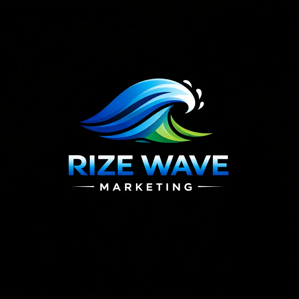 Blue, teal, and green wave logo with “RIZE WAVE MARKETING” on a black background