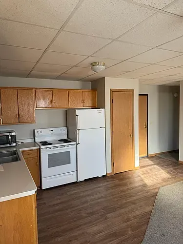 Kitchen with wooden cabinets, white appliances, and laminate flooring.  Two interior doors lead to a hallway.
