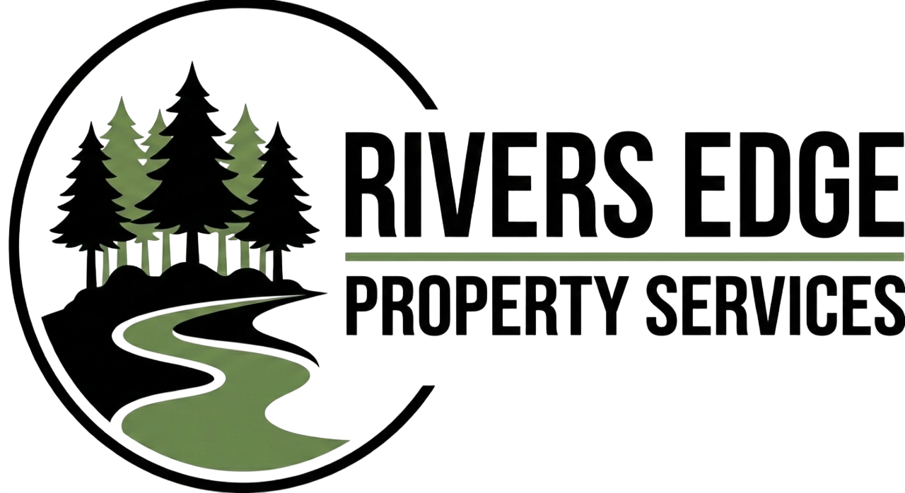 Logo for Rivers Edge Property Services: Trees and river within a black circle; text reads "Rivers Edge Property Services."