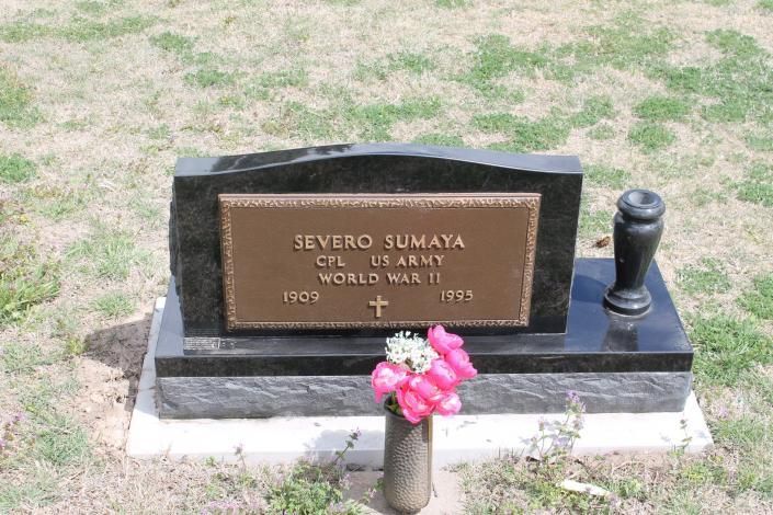 Black gravestone with gold plaque and pink flowers in front on a grassy cemetery plot