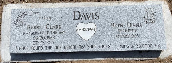 Gray memorial plaque reading “DAVIS,” with names Kerry Clark and Beth Diana, dates, and a Bible verse.