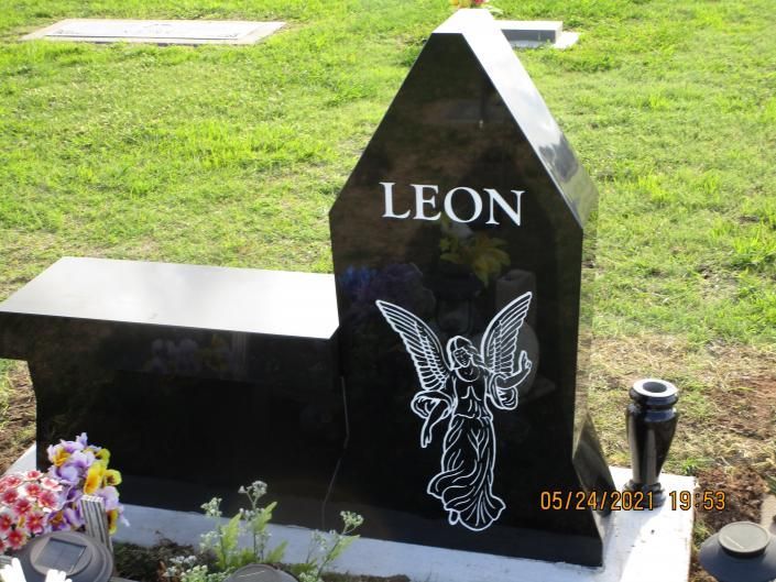 Black granite gravestone engraved “LEON” with a butterfly in a grassy cemetery