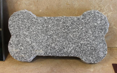 Bone-shaped gray speckled stone on a wooden surface