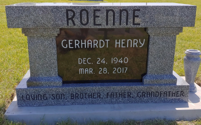 Gray granite gravestone for Gerhardt Henry Roenne with dates, on a grassy cemetery plot