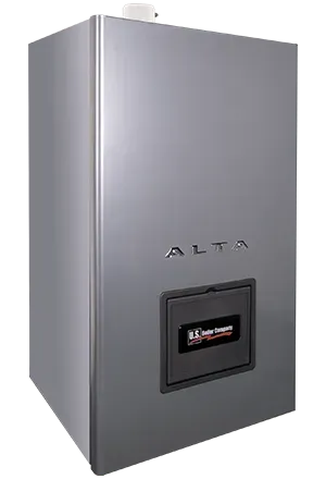 A stainless steel boiler is sitting on top of a white surface.
