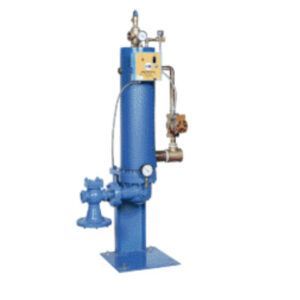 A blue cylinder with a hose attached to it on a white background.