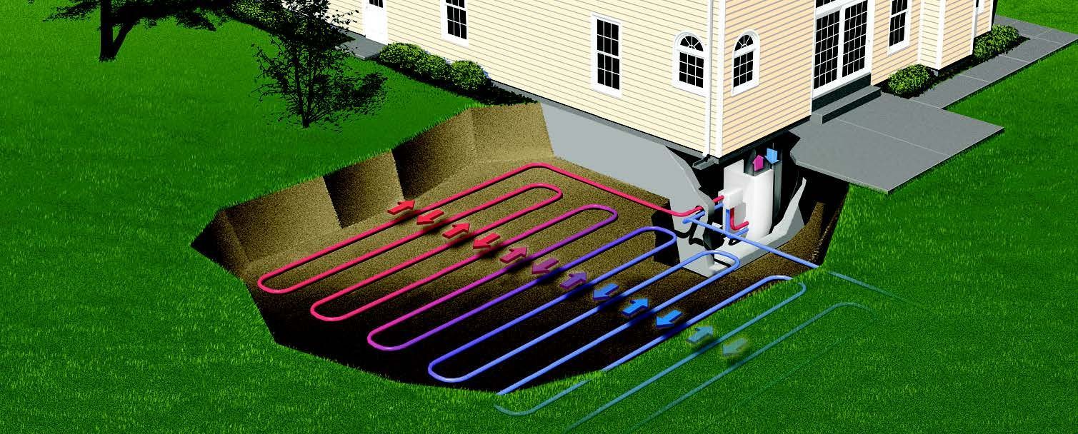 A computer generated image of a house with a heat pump in the ground.