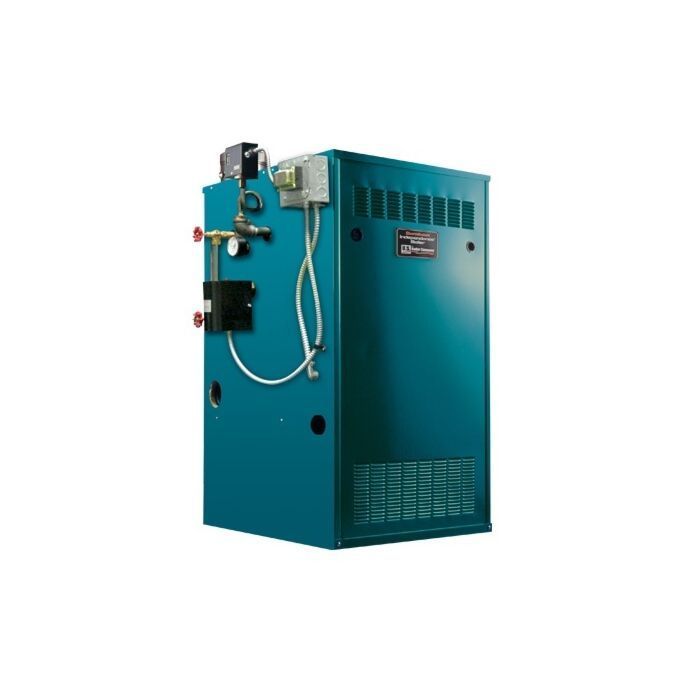 A blue boiler is sitting on a white surface.