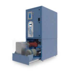 A blue box with a machine inside of it