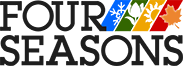 A logo for four seasons with a maple leaf and snowflakes