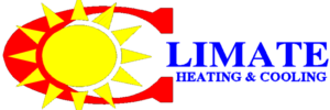 A logo for limate heating and cooling with a sun
