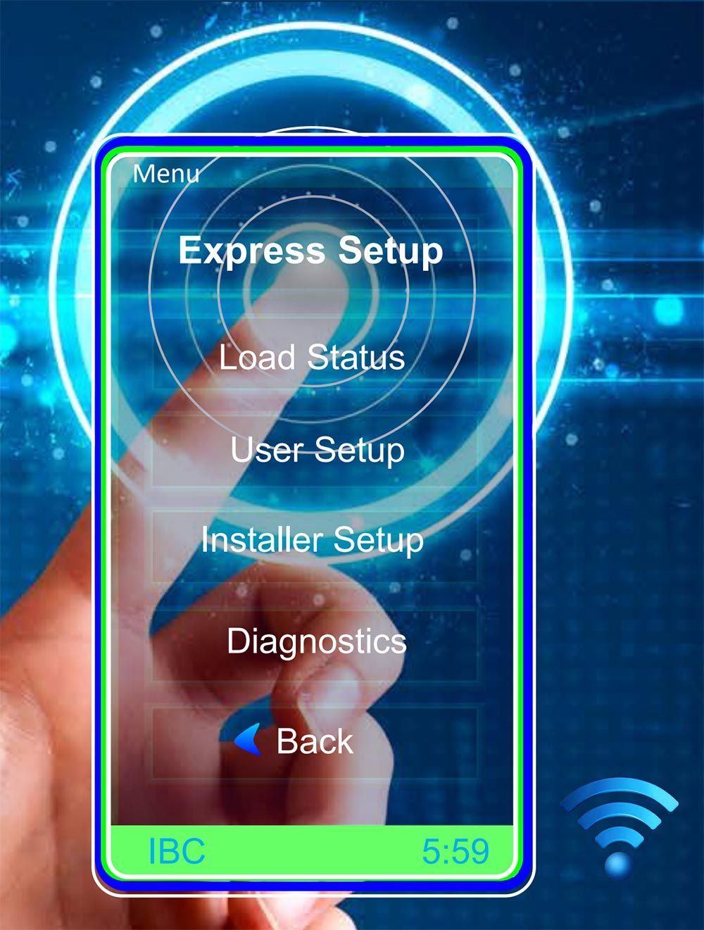 A person is pressing a button on a phone that says express setup