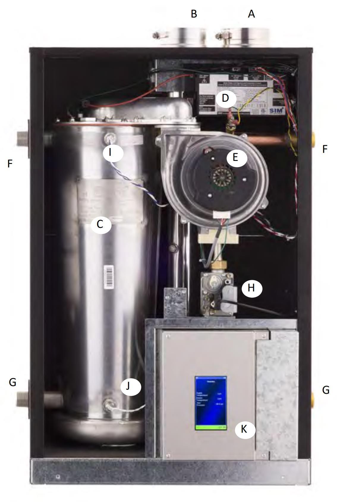 A picture of the inside of a boiler with labels on it.