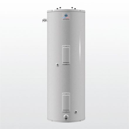 A white water heater is sitting on a white surface.
