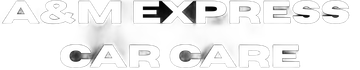 A&M EXPRESS car care logo. Black arrow pointing right, white lettering on a blurred background.