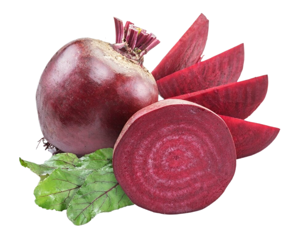 A whole beet and sliced beets on a white background