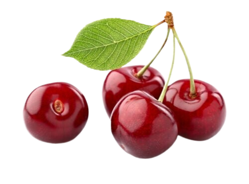 Three cherries with a green leaf on a white background