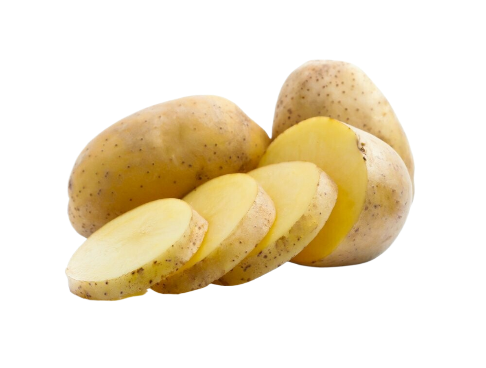 Sliced potatoes on a white background next to whole potatoes