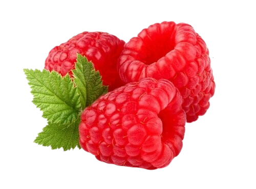 Three raspberries with green leaves on a white background