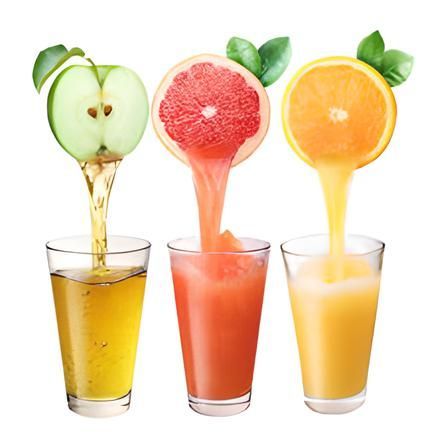Three glasses of different juices are being poured into them