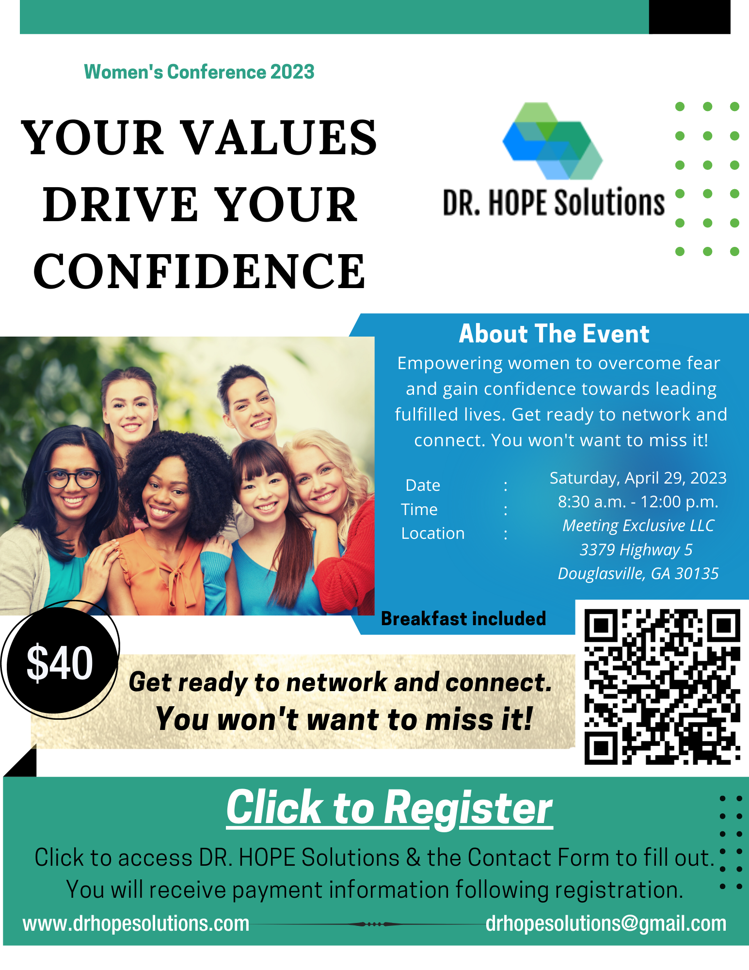 A flyer for a women 's conference with a picture of a group of women.