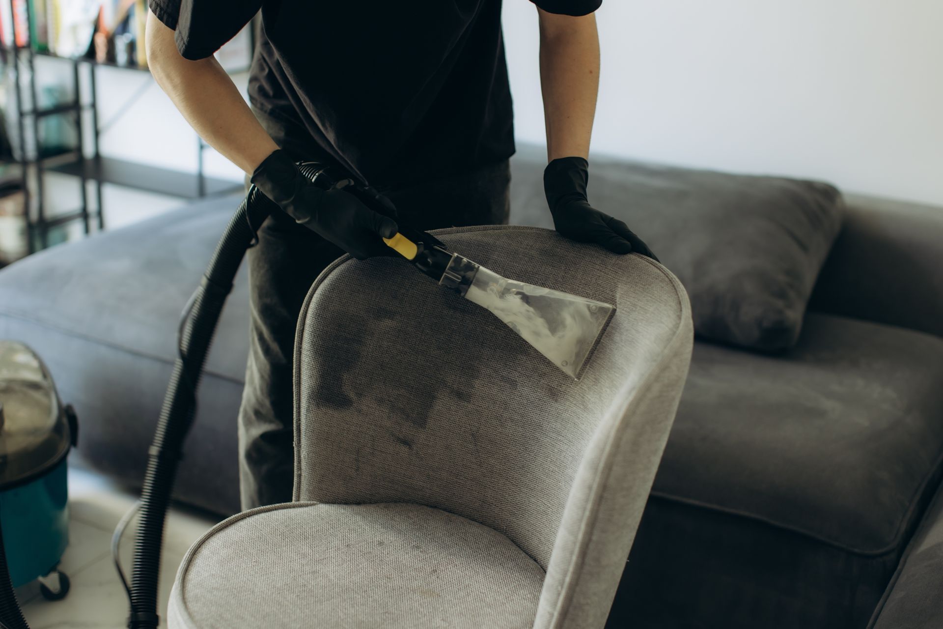 Professional dry cleaning service deep cleaning furniture upholstery.