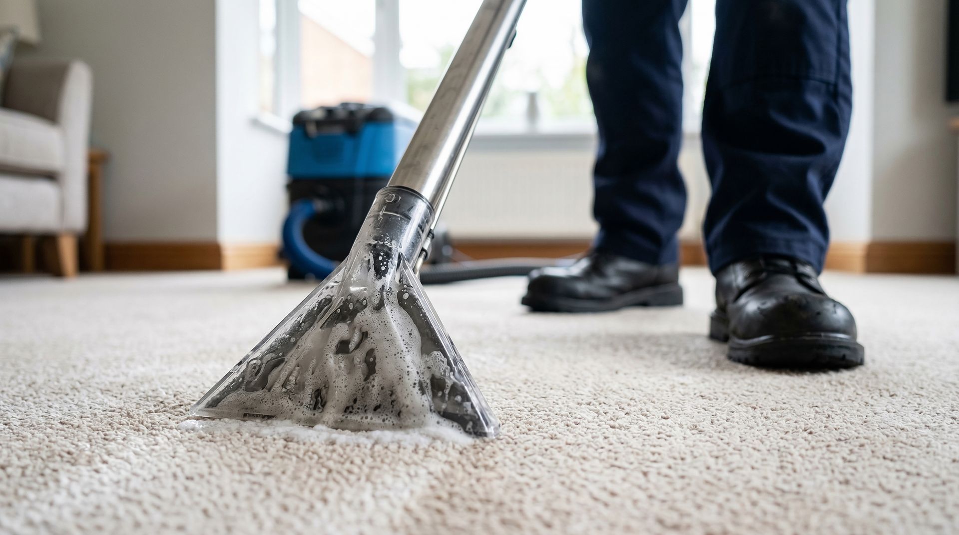 Professional cleaner washing carpet with extraction machine.