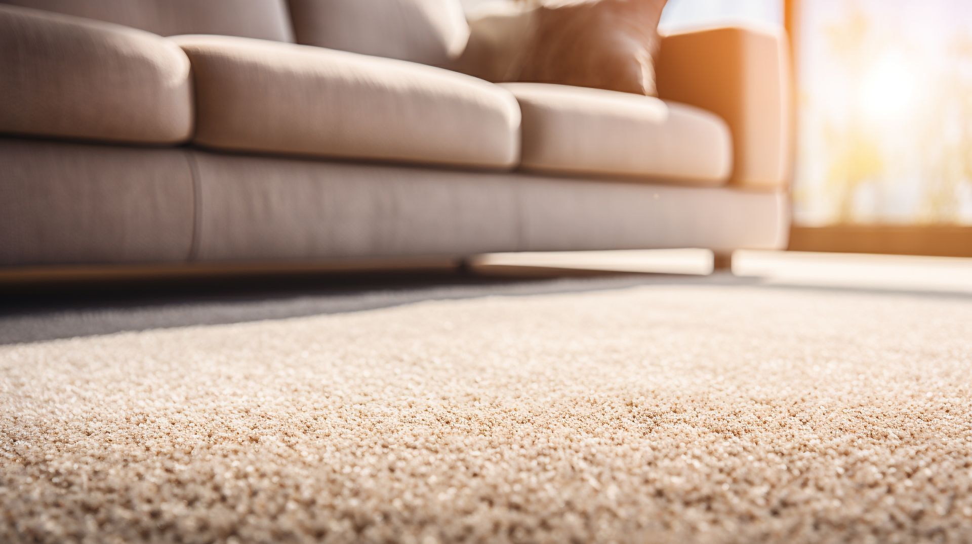 close up of sofa with beige carpet rug home interior background