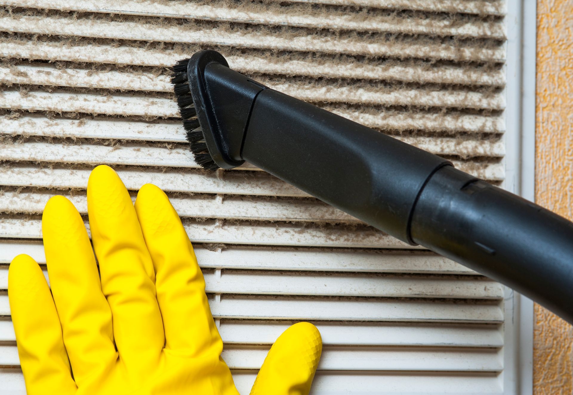 Yellow-gloved hand, vacuum cleaner nozzle cleaning a very dusty, white air vent.