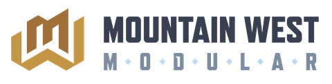 Mountain West Modular logo. Geometric emblem in gold and dark gray text.