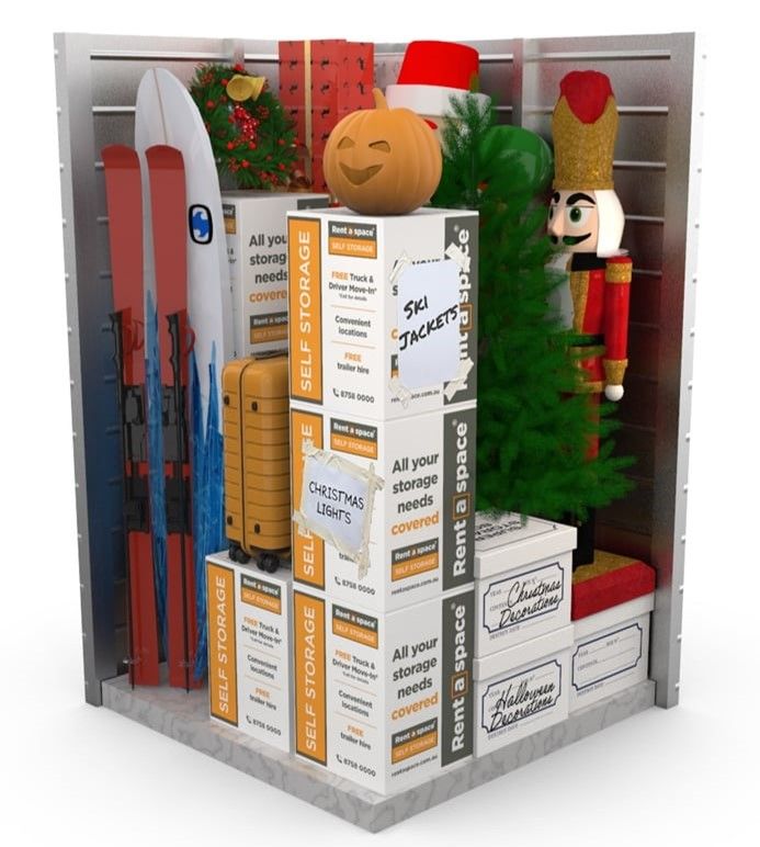 Storage unit packed with seasonal items: skis, Christmas tree, pumpkin, and nutcracker.