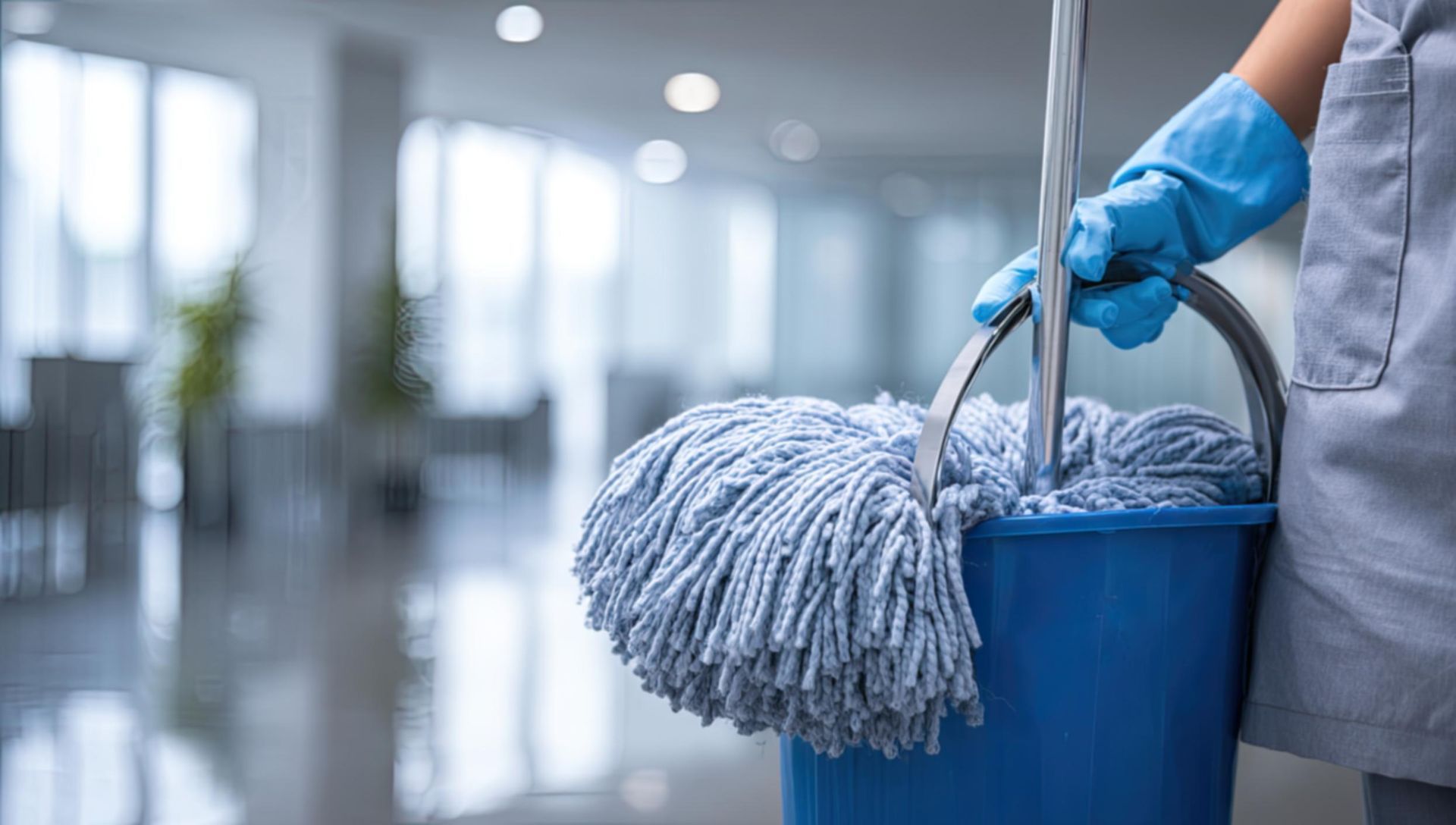Blue-gloved cleaner carrying a mop and blue bucket in a bright hallway