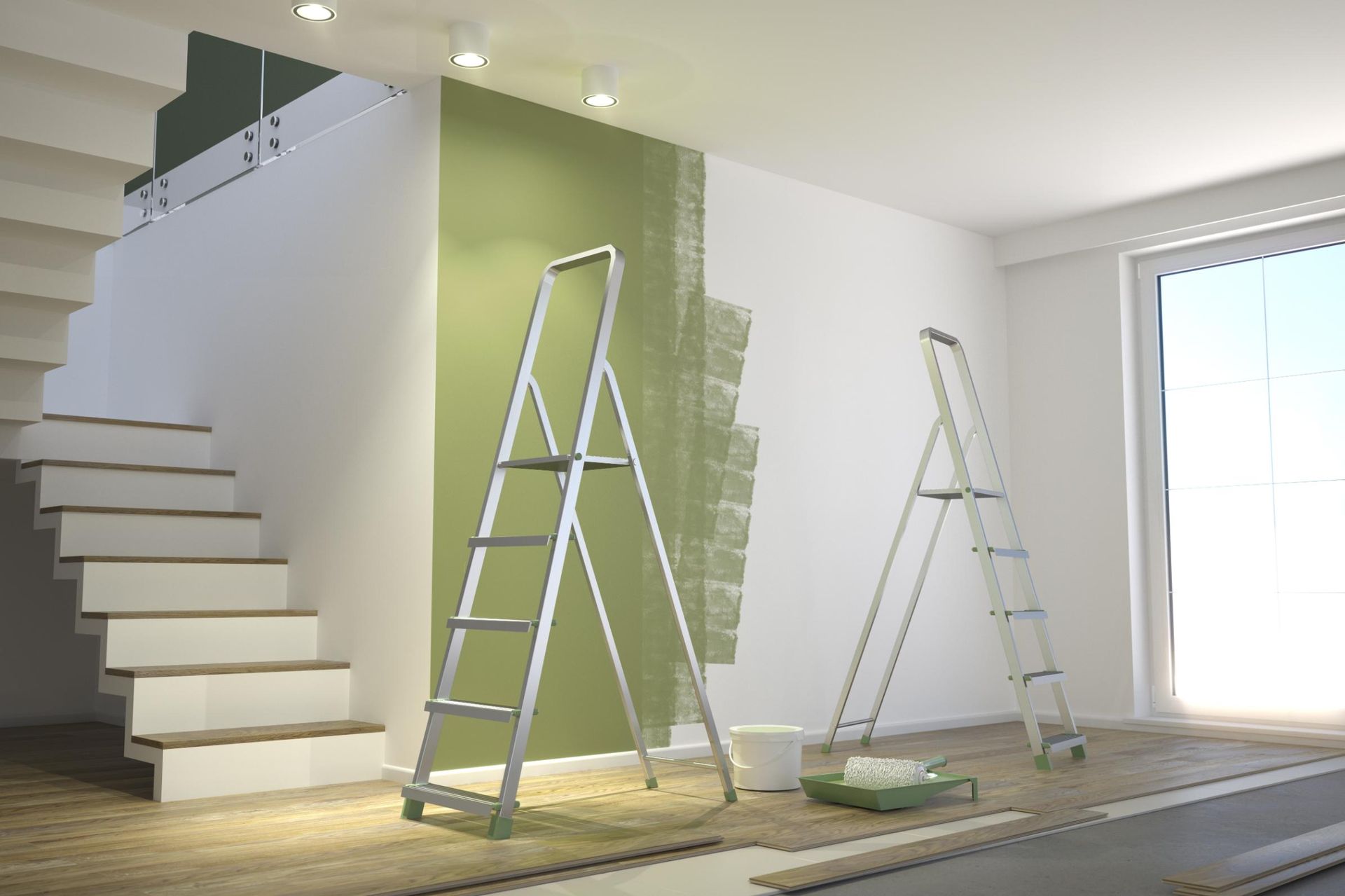 Two ladders in a room with a wall being painted green beside a staircase