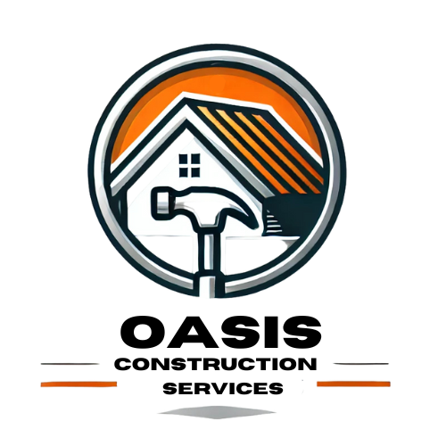 A logo for oasis construction services with a hammer and a house in the background.