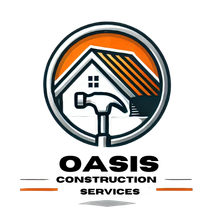 A logo for oasis construction services with a hammer and a house in the background.
