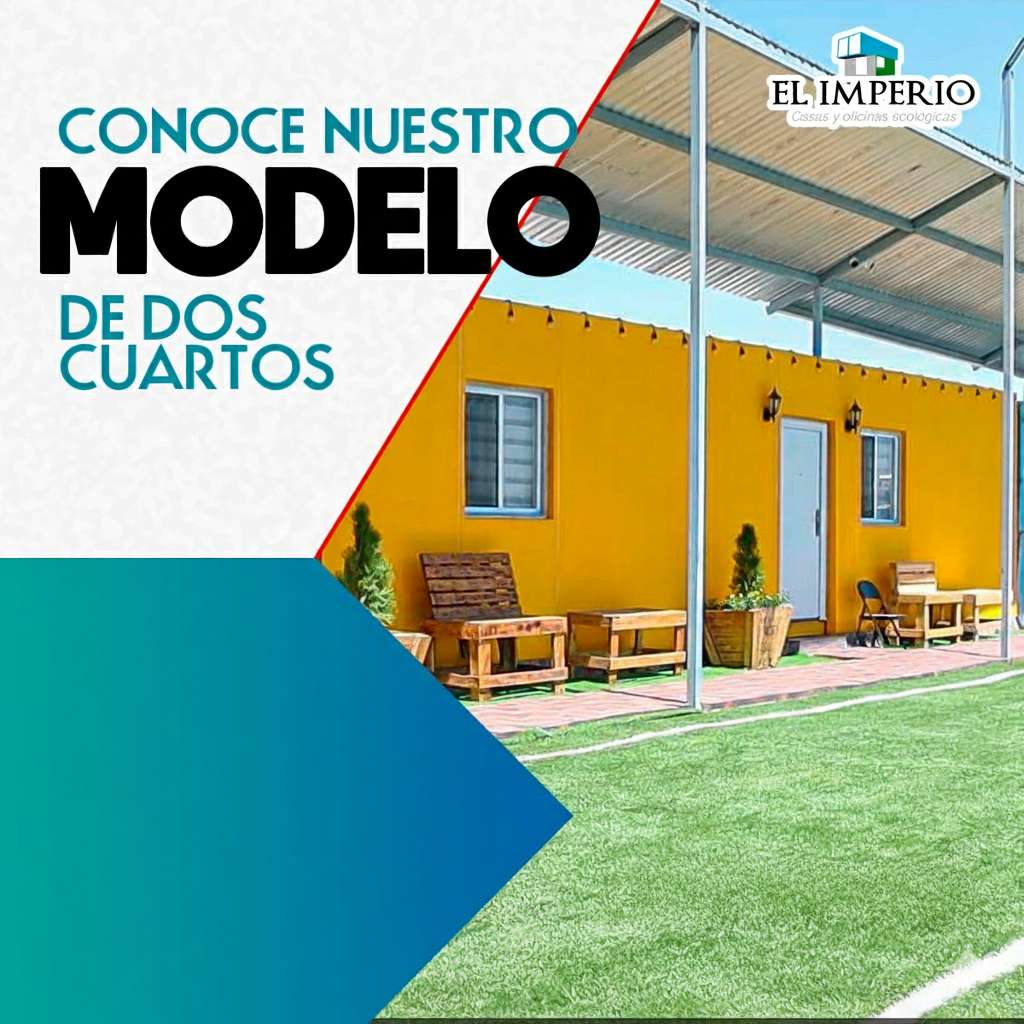 Modelo de edificio amarillo de dos habitaciones con un campo verde y texto que promociona el diseño.