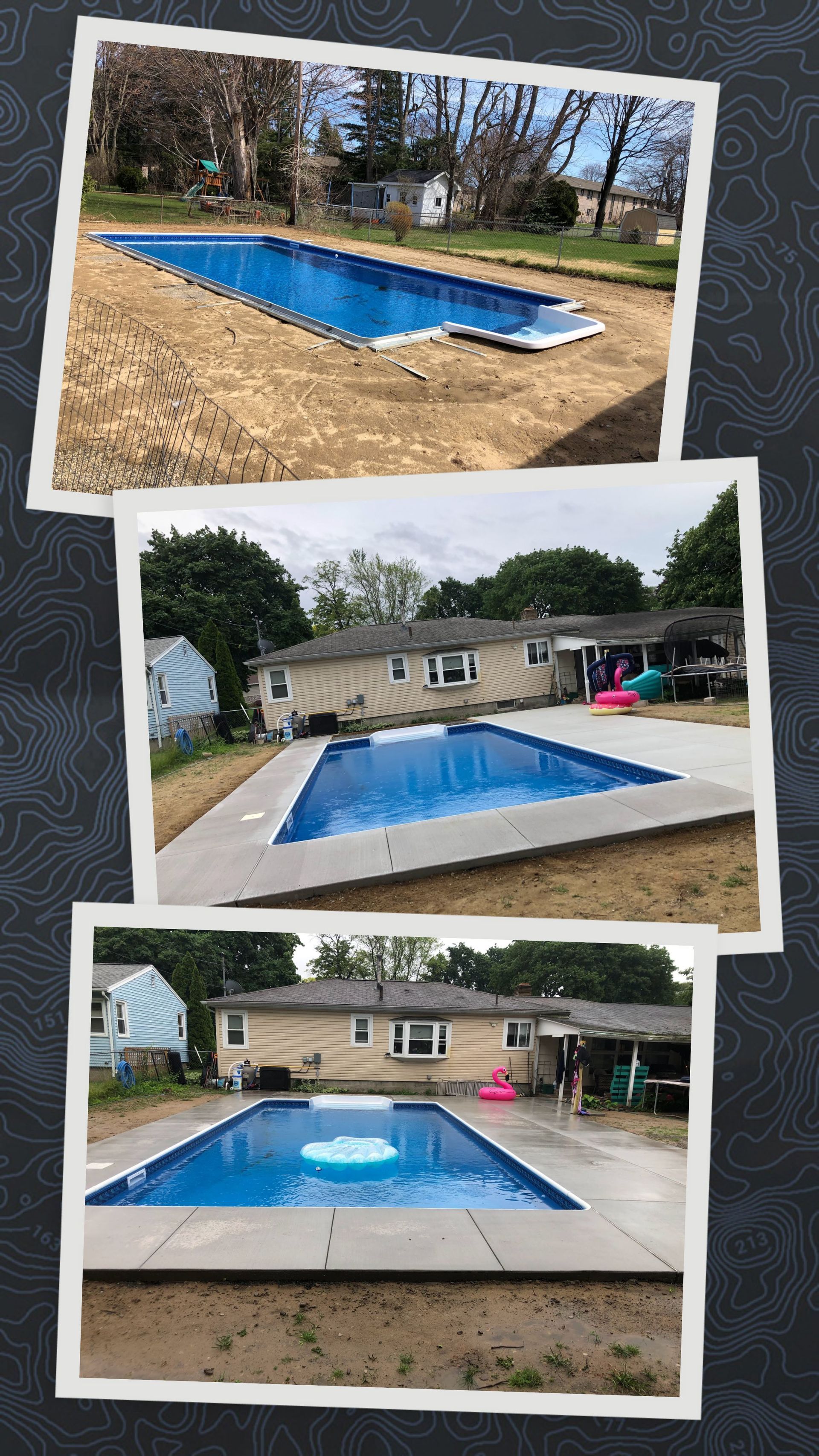 Three photos showing the progression of a backyard swimming pool installation, from dirt surroundings to a finished deck.