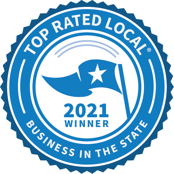 A blue and white top rated local business in the state seal