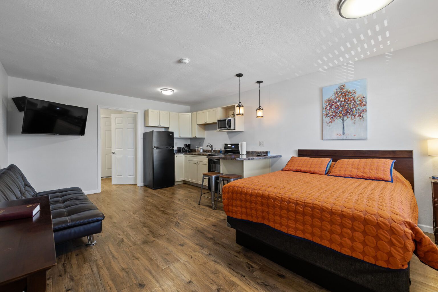 Studio apartment with kitchen, bed, sofa, TV, and wood flooring; orange and black decor.