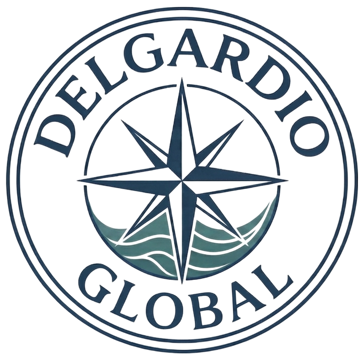 Delgadio Global circular logo with compass over stylized waves in blue and green