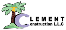 Clement Construction LLC logo with palm tree and large purple C on green hill