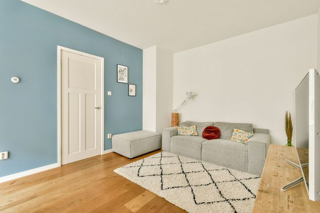 Bright living room with blue accent wall, gray sofa, white rug, and light wood floor