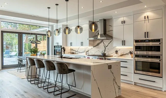 Modern white kitchen with island, pendant lights, bar stools, and stainless steel appliances