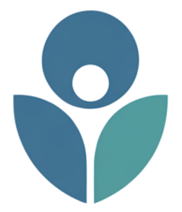 Stylized blue and teal person-like logo with a circular head and leaf-shaped lower elements