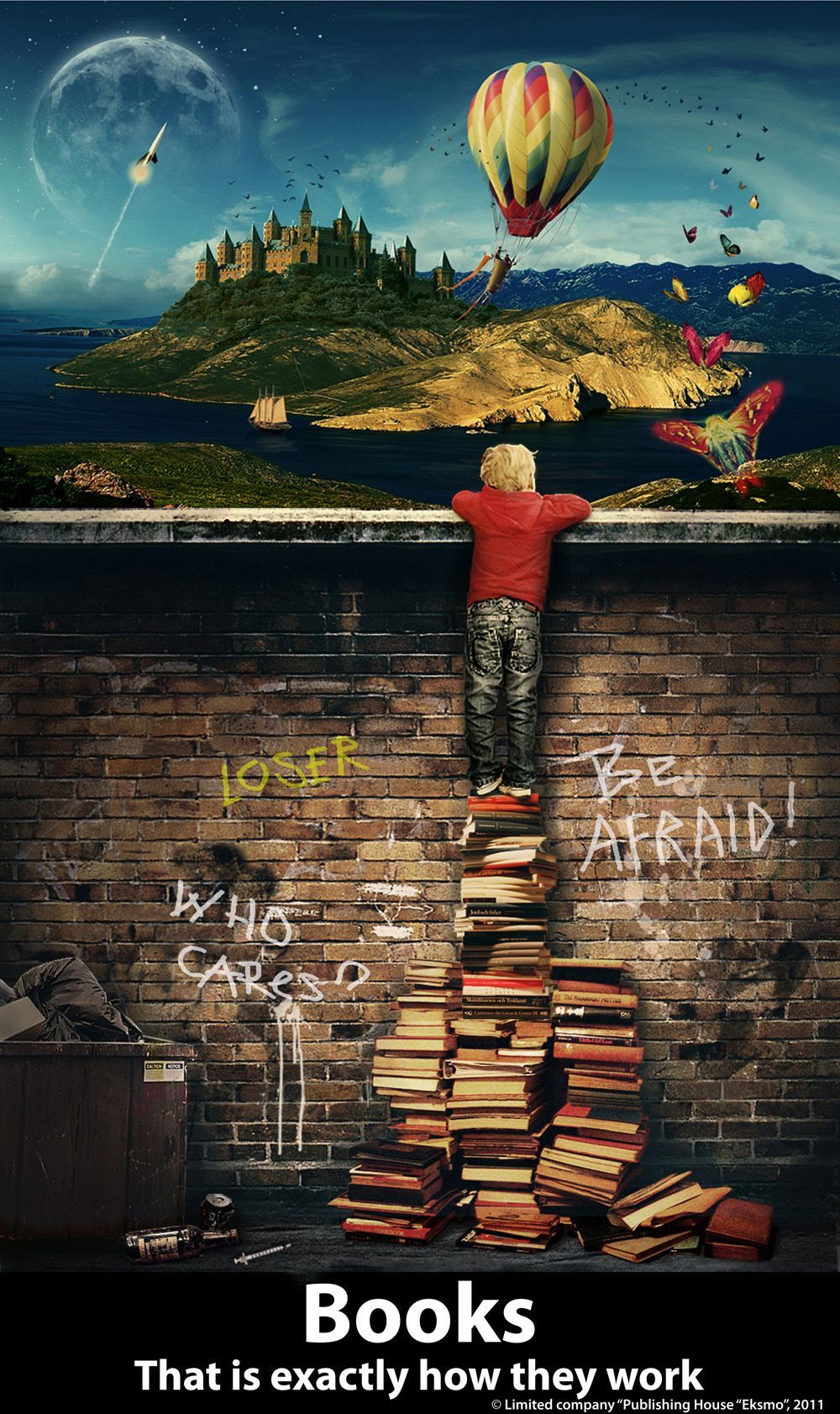Books showcasing a boy peering over a wall into the realm of his imagination