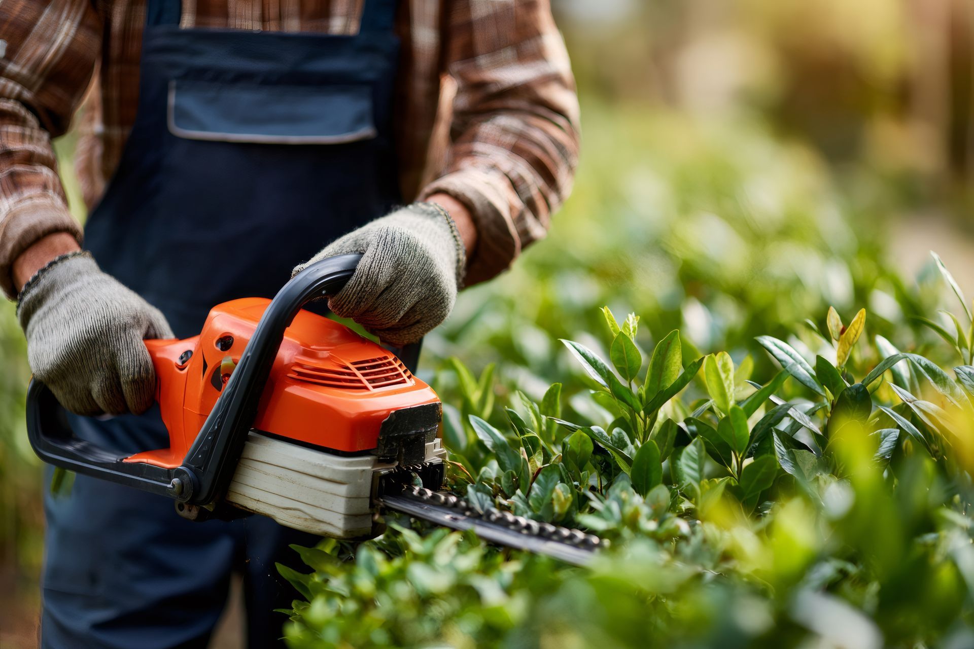 Person trimming hedges with an orange electric hedge trimmer in a garden