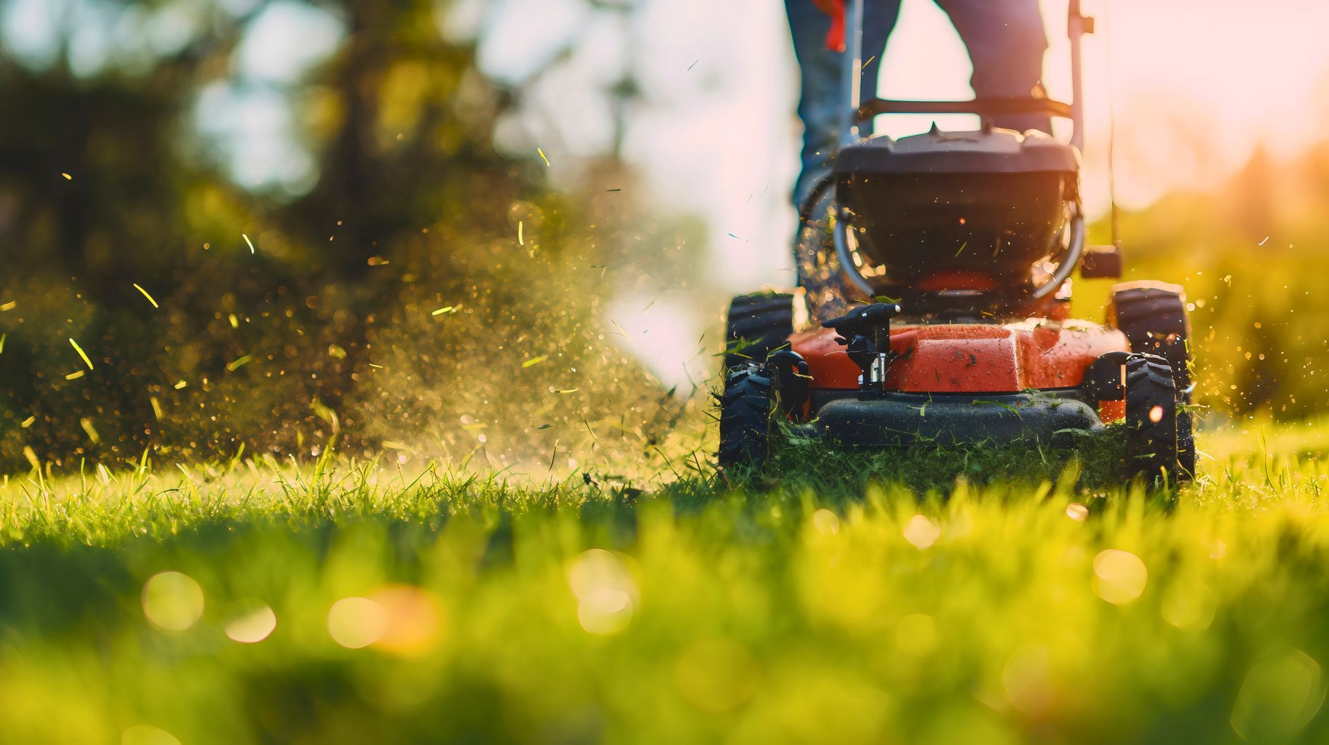 Person mowing a sunny lawn with a red push mower, grass clippings flying in the air.